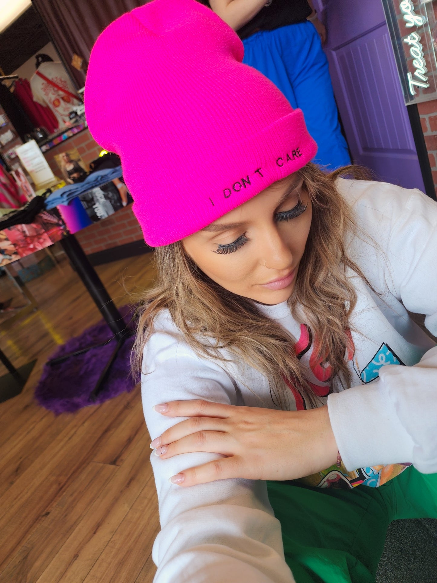 Hot Pink Don't Care Beanie