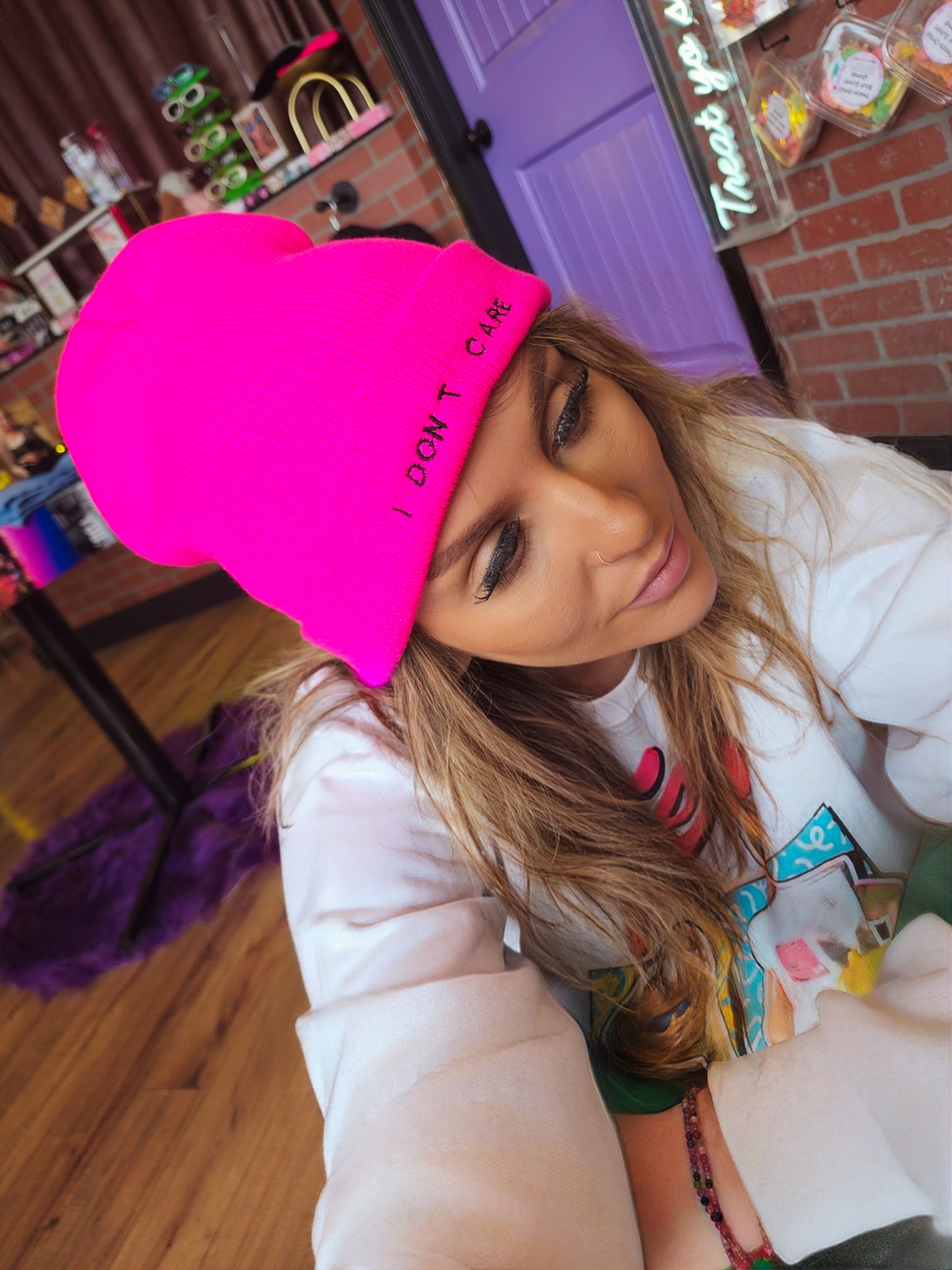 Hot Pink Don't Care Beanie