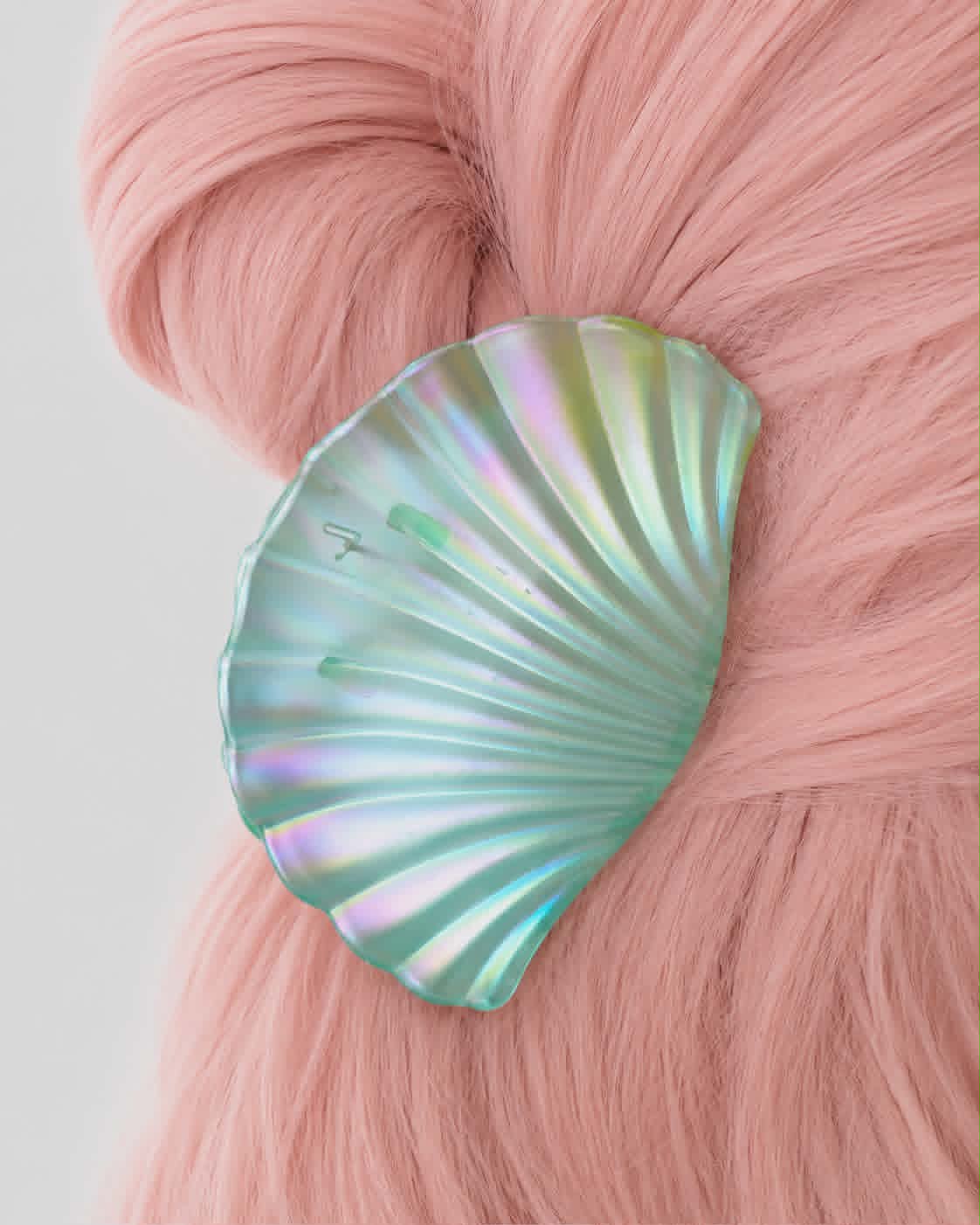 Large Mermaid Teal and Yellow Iridescent Seashell Claw Clip