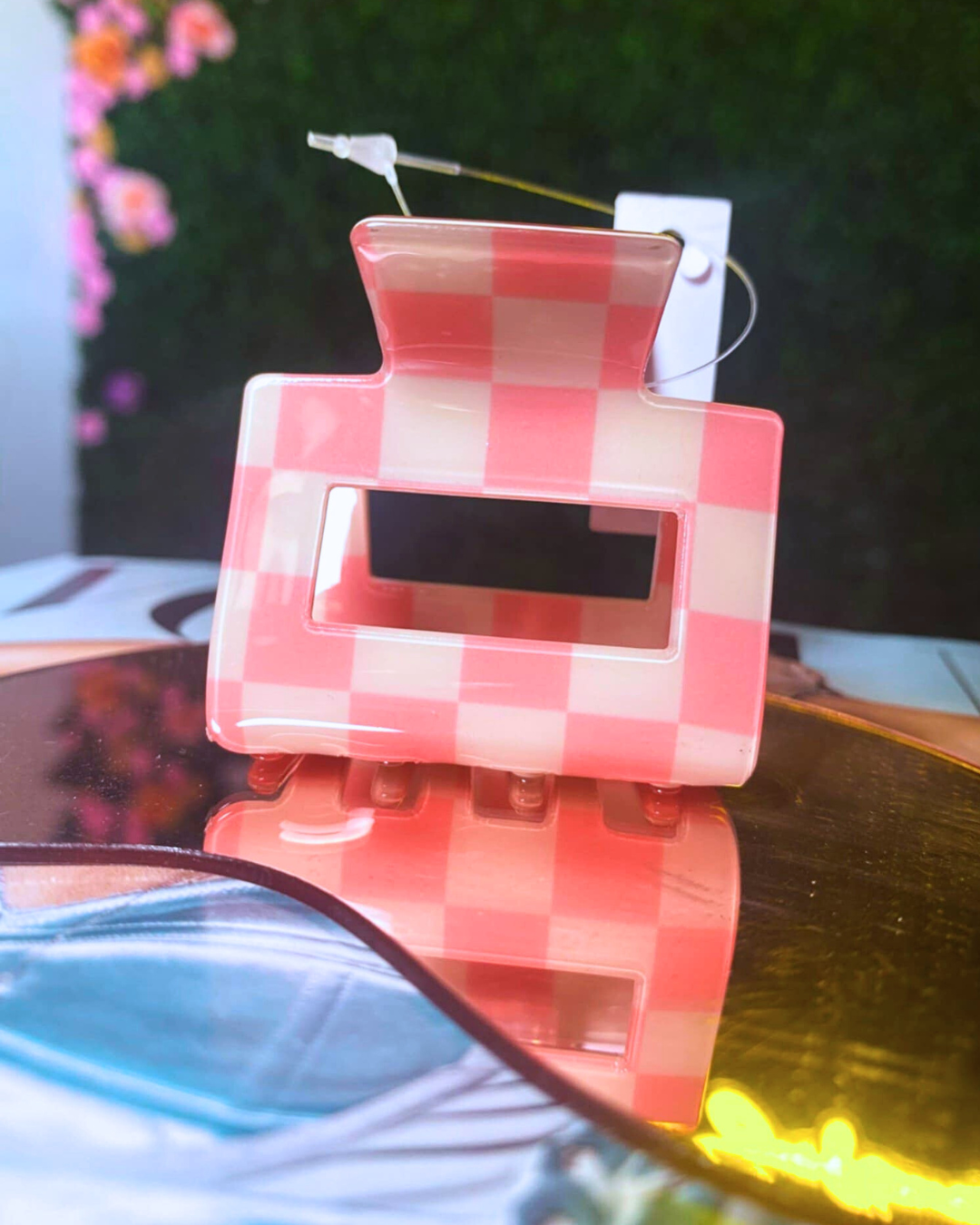 Pink Chunky Checkered Claw Clip