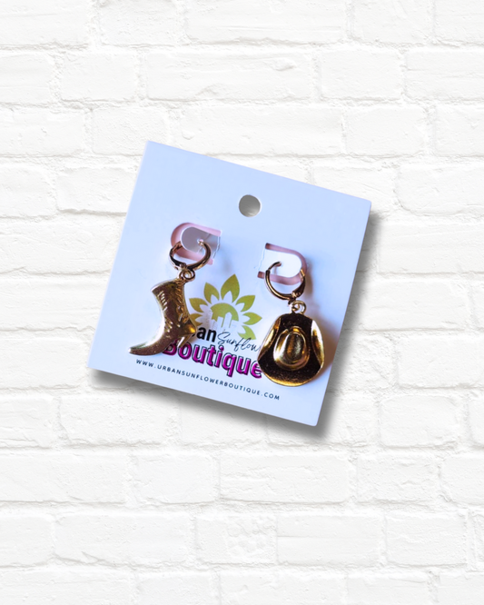 Gold Cowboy Hat And Boot Earrings