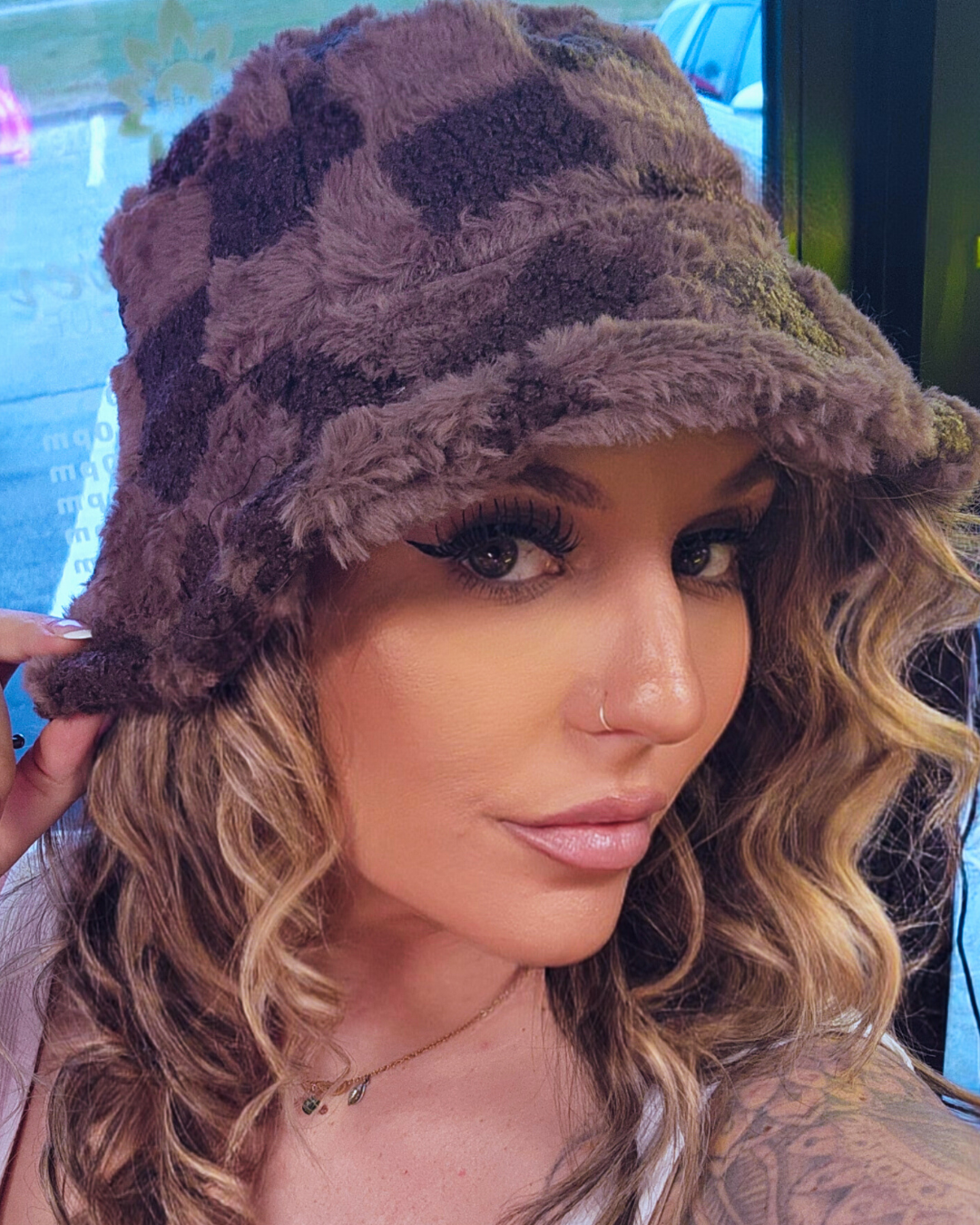 Fuzzy Brown Checkered Bucket Hat