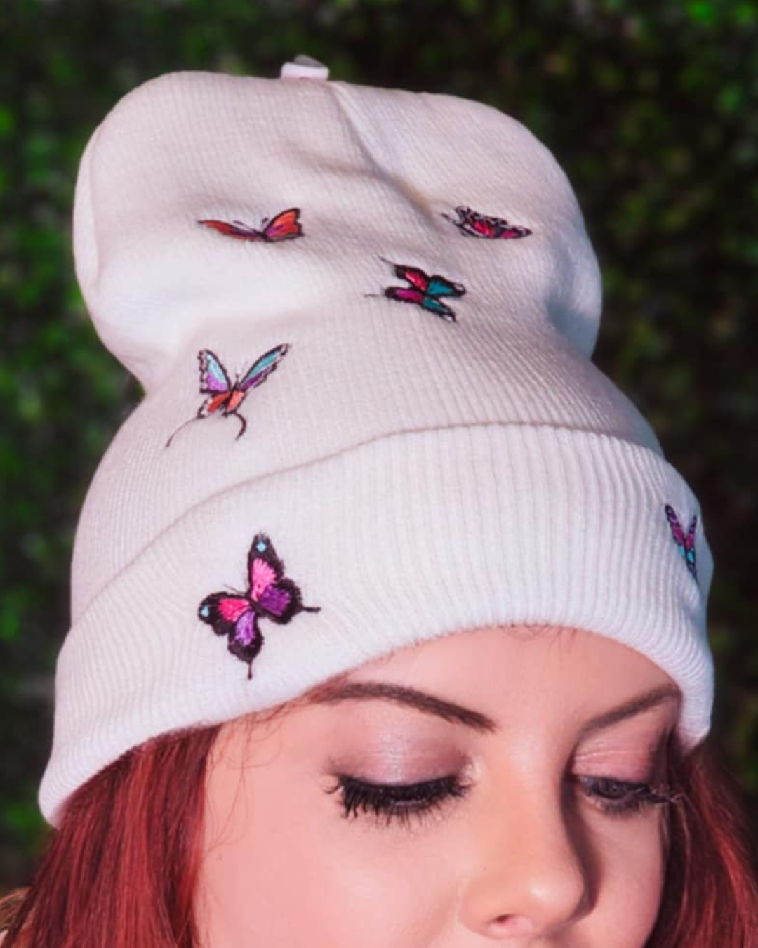 White Embroidered Butterfly Beanie