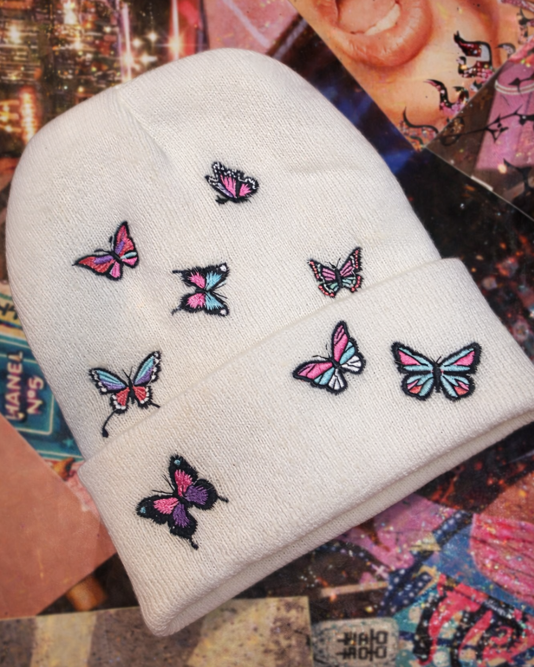 White Embroidered Butterfly Beanie