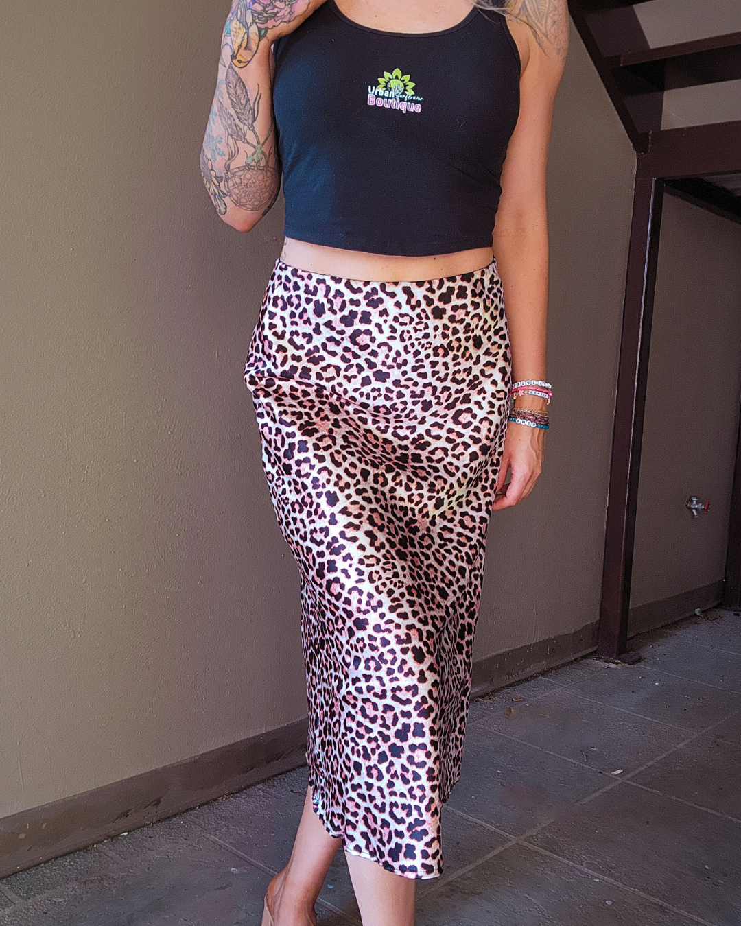Follow My Lead Satin Cheetah Print Midi Skirt