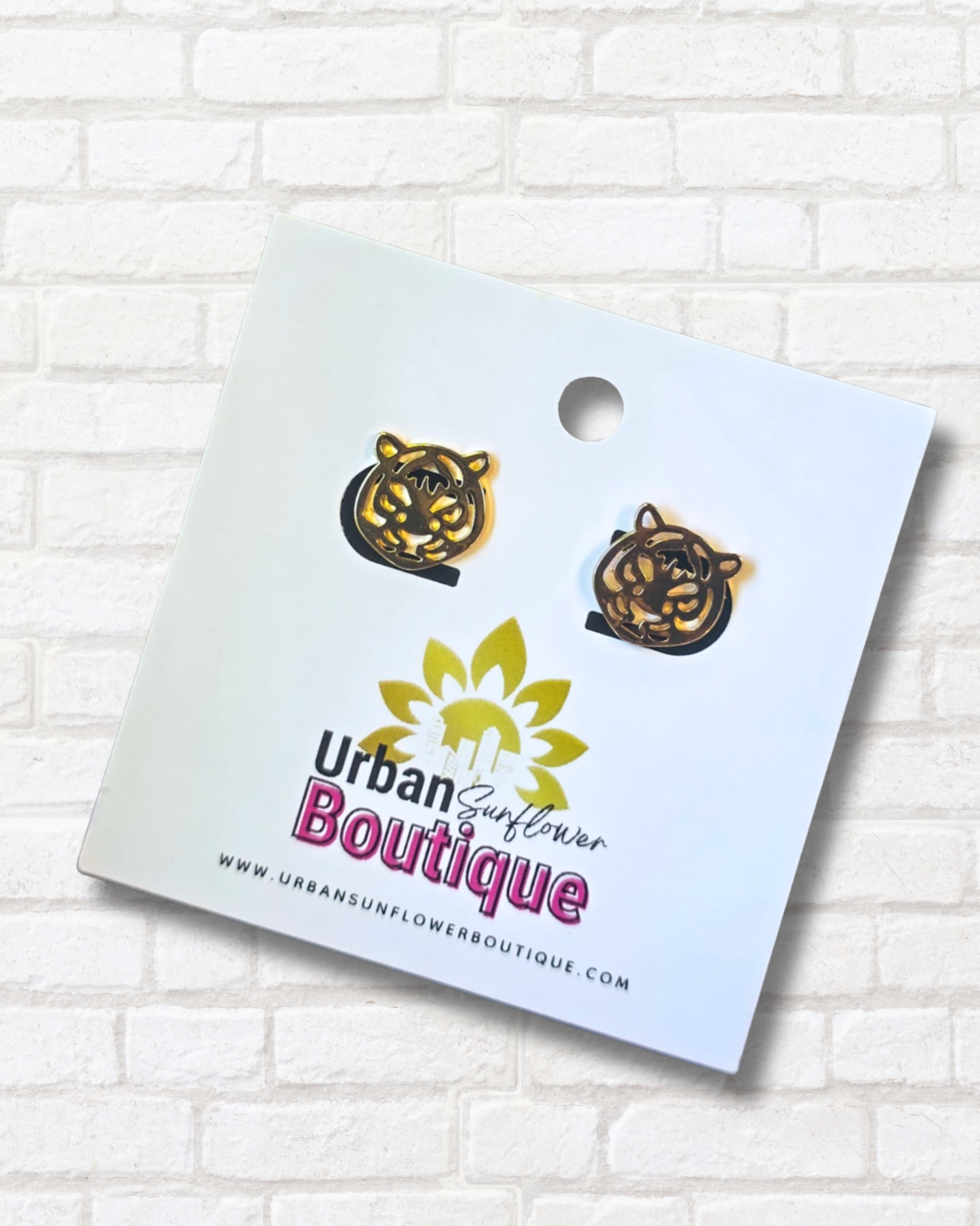 Gold Toned Tiger Stud Earrings