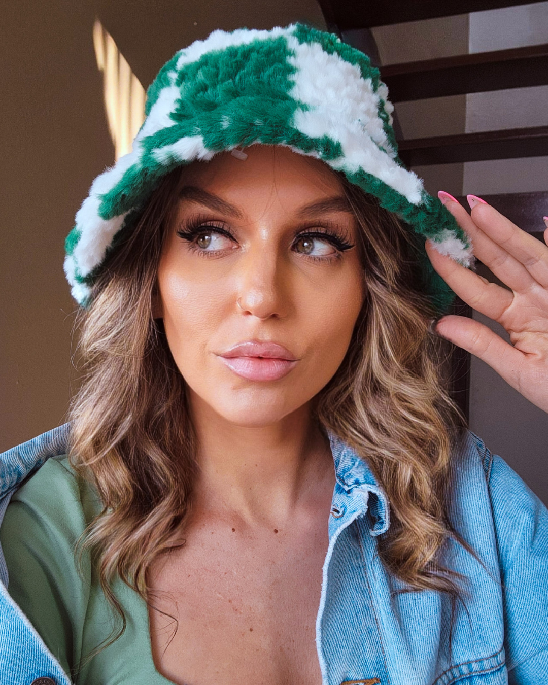 Fuzzy Green & White Checkered Bucket Hat