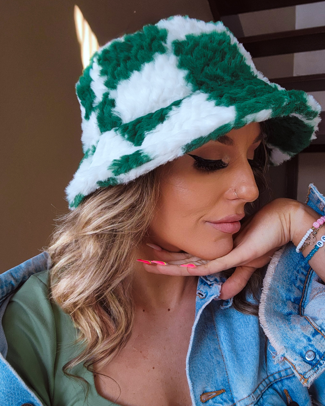 Fuzzy Green & White Checkered Bucket Hat