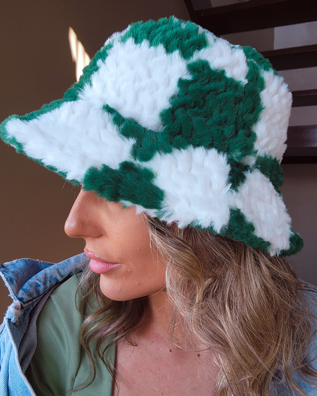 Fuzzy Green & White Checkered Bucket Hat