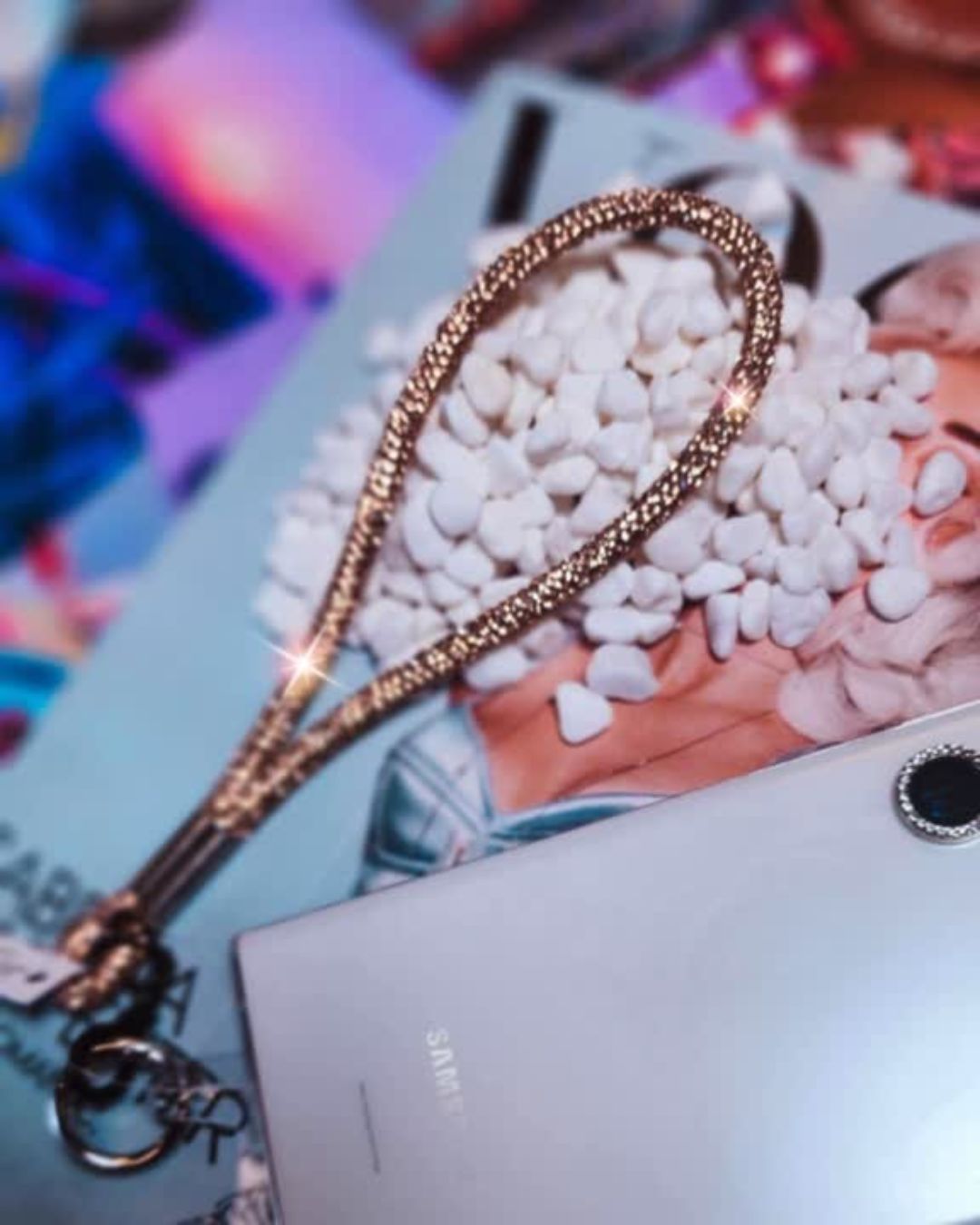 Rose Gold Rhinestone Cellphone Keychain Wristlet