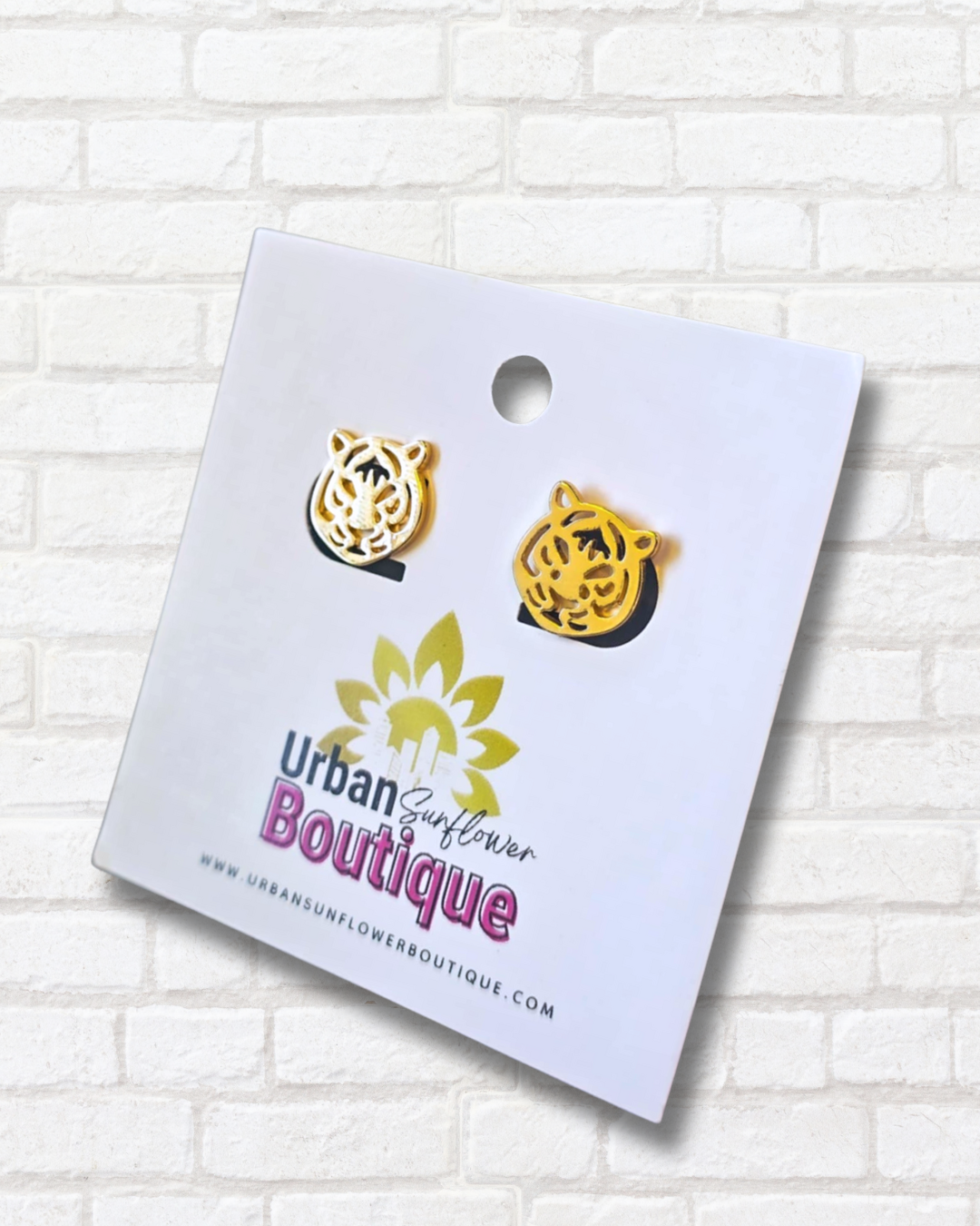 Gold Toned Tiger Stud Earrings