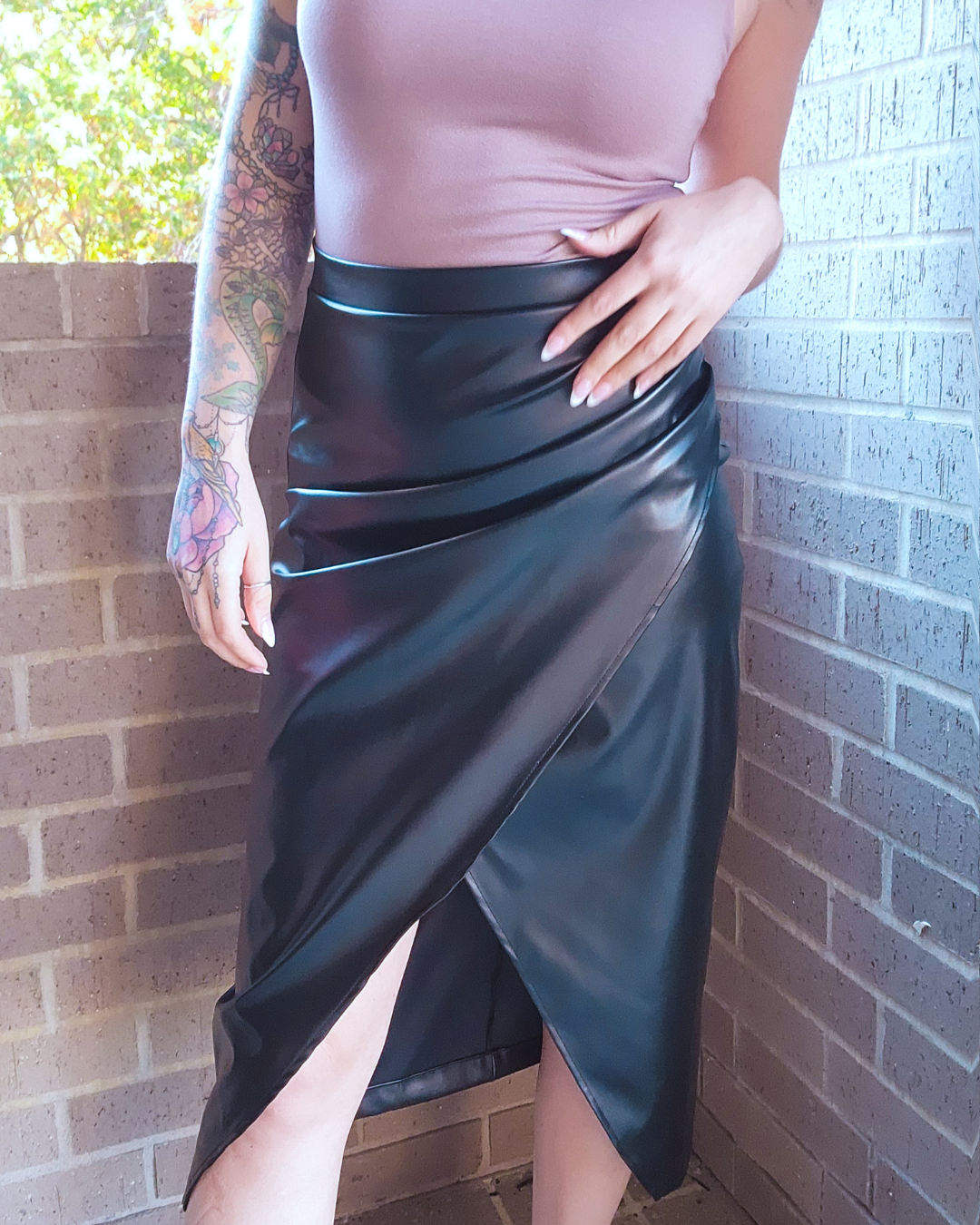 French Feels Vegan Leather Midi Skirt