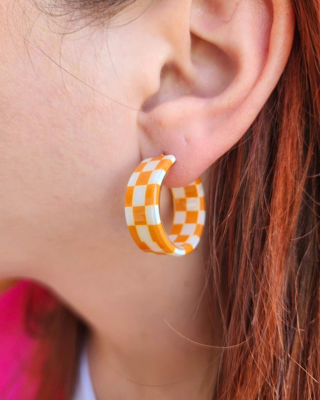 Orange Checkered Hoop Earrings