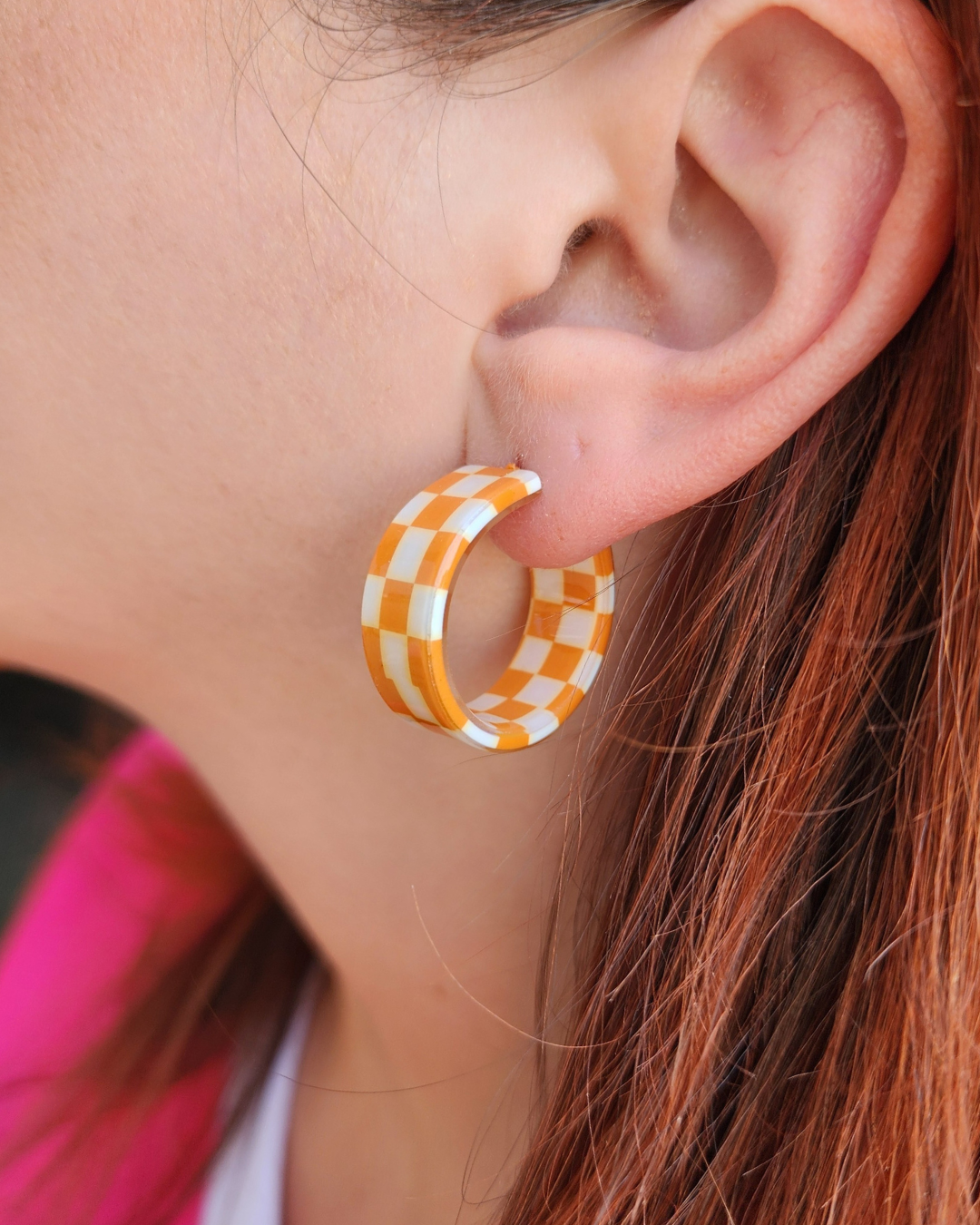 Orange Checkered Hoop Earrings