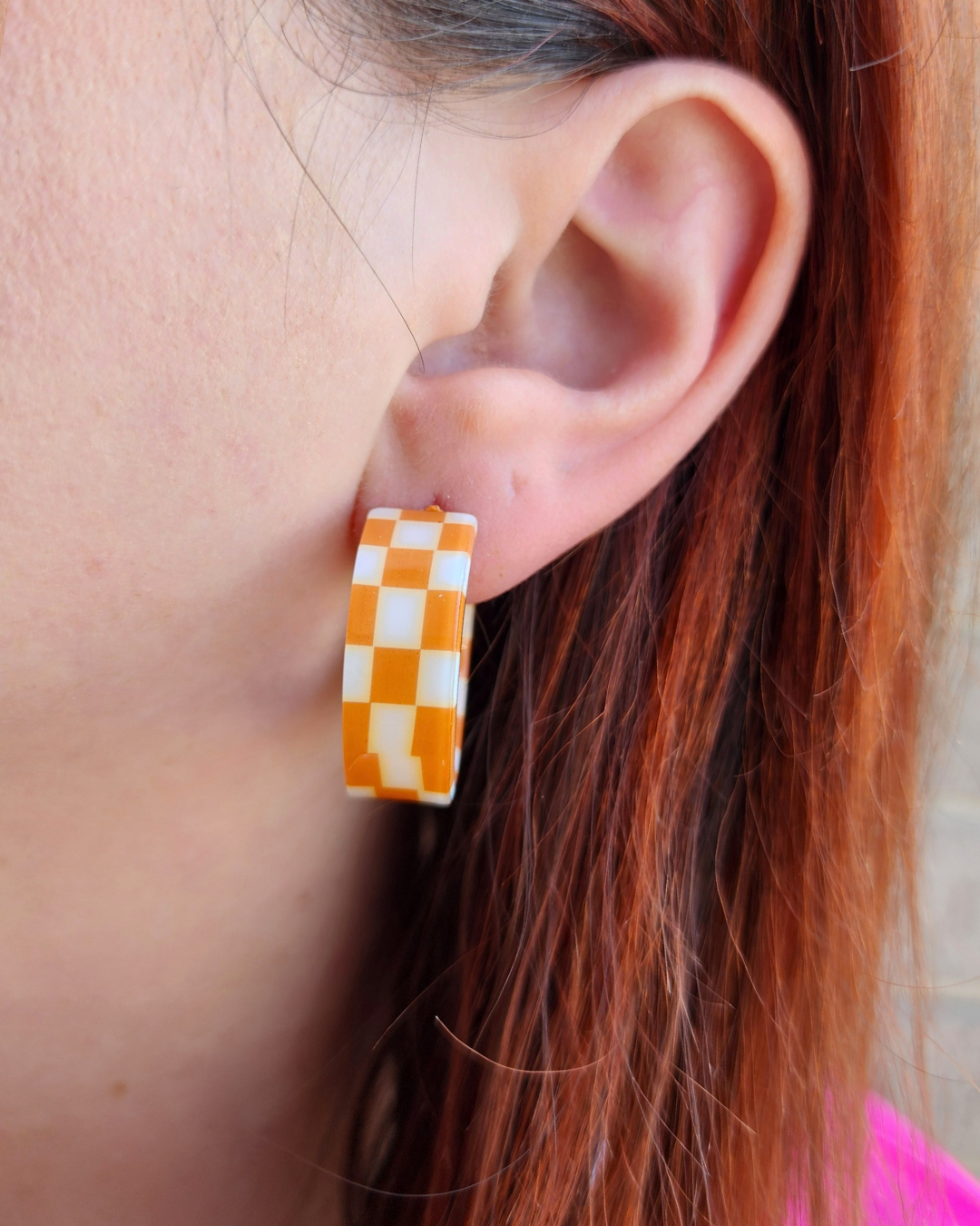 Orange Checkered Hoop Earrings