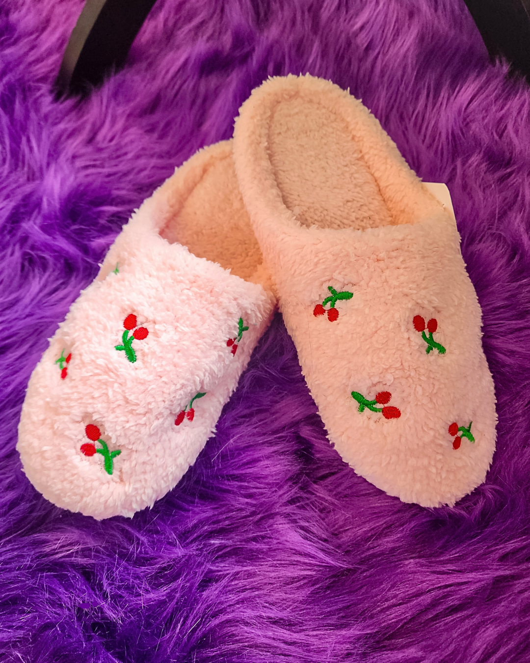 Fuzzy Pink Cherry Slippers