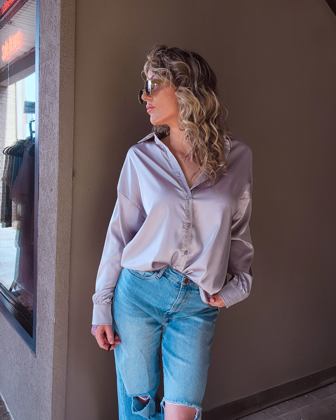 She's Busy Satin Button Up