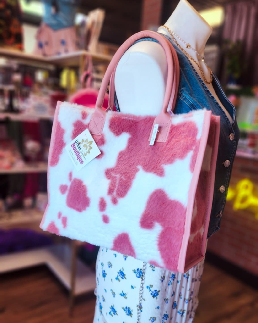 Fuzzy Pink Cow Print Handbag