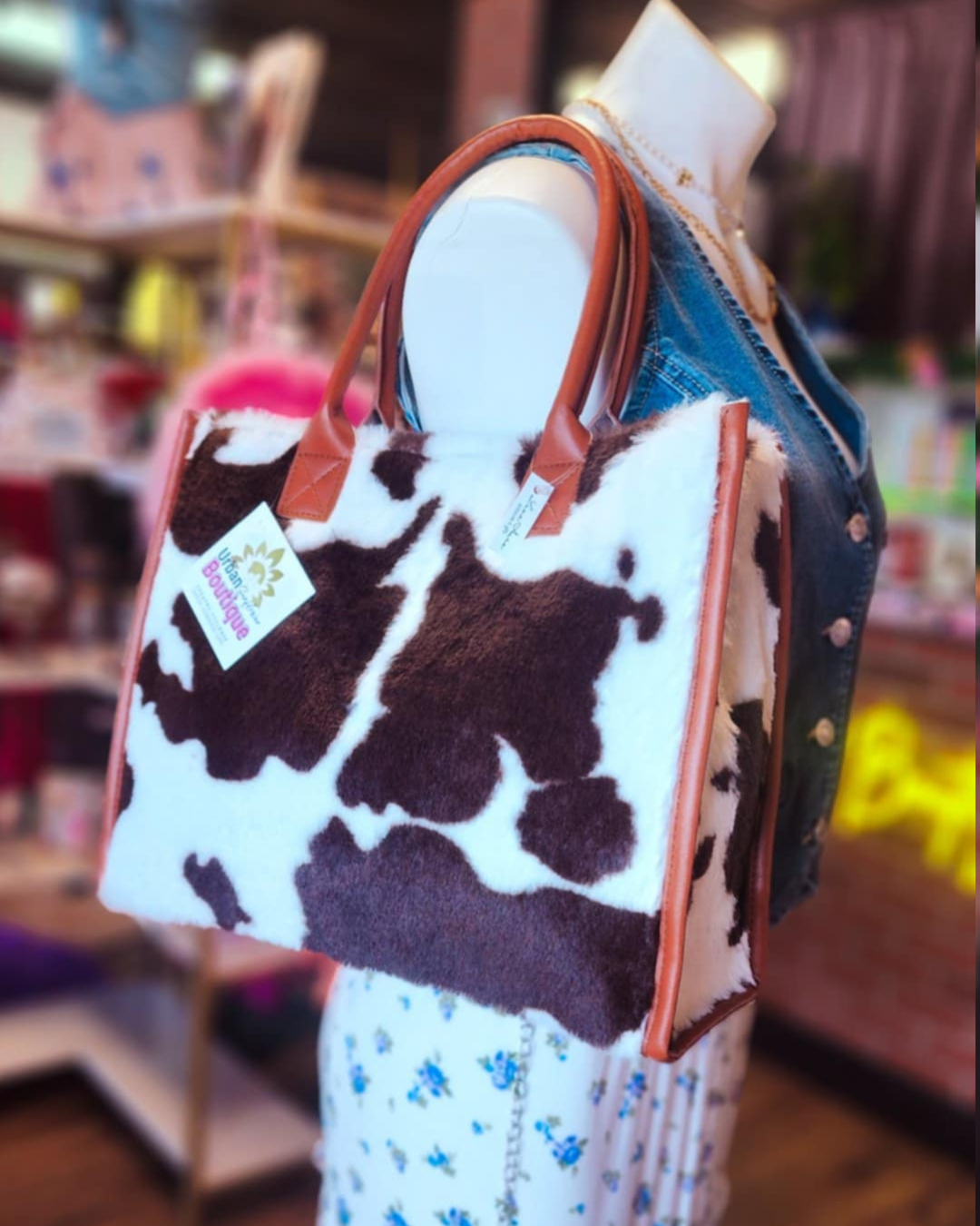 Fuzzy Brown Cow Print Handbag