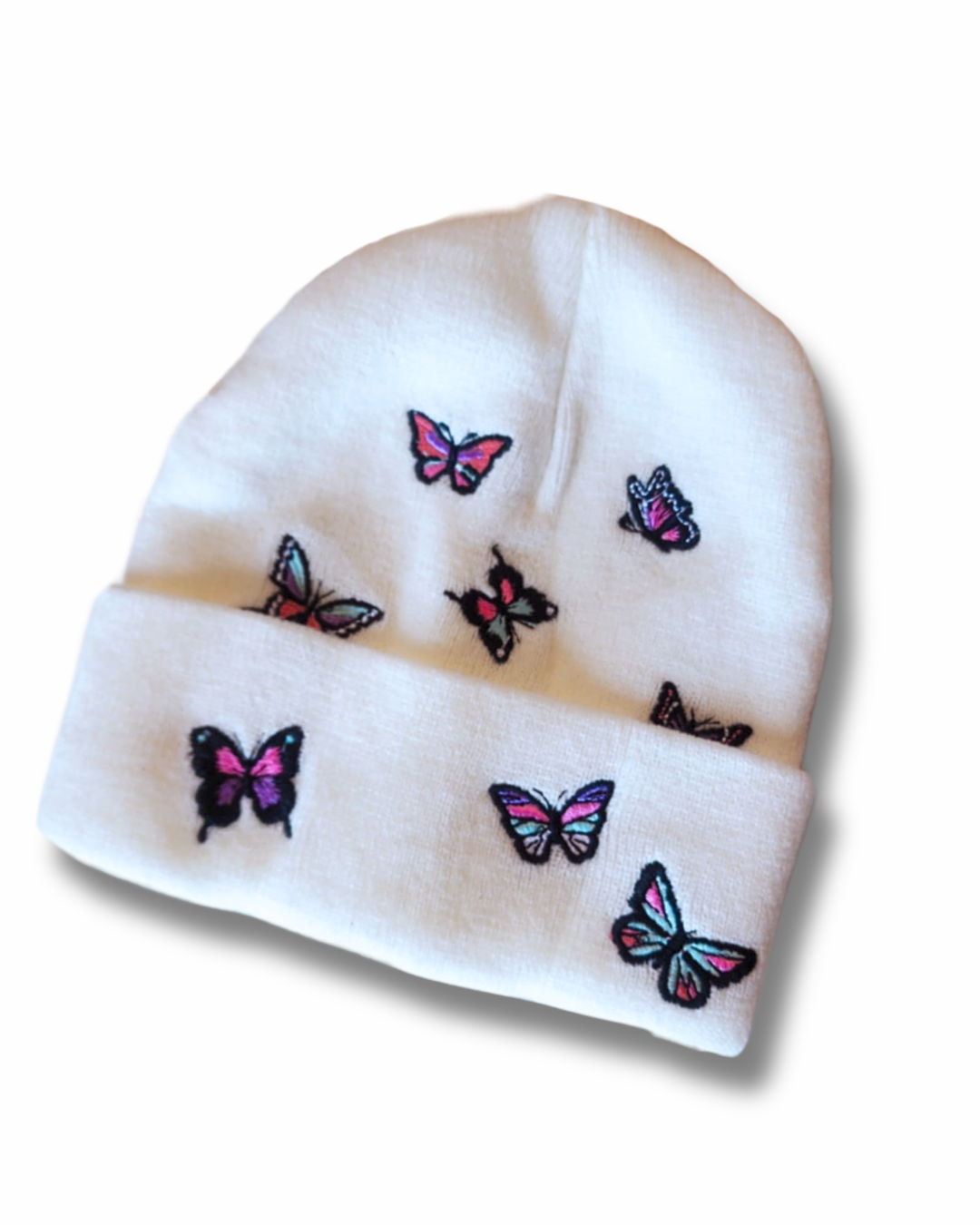 White Embroidered Butterfly Beanie