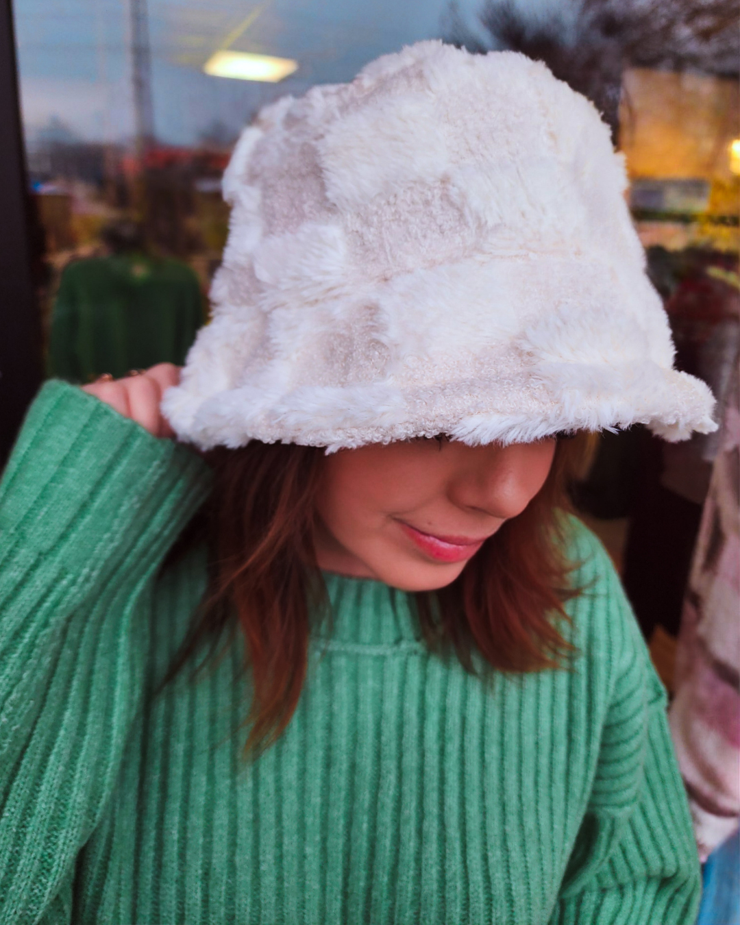 Fuzzy White Checkered Bucket Hat