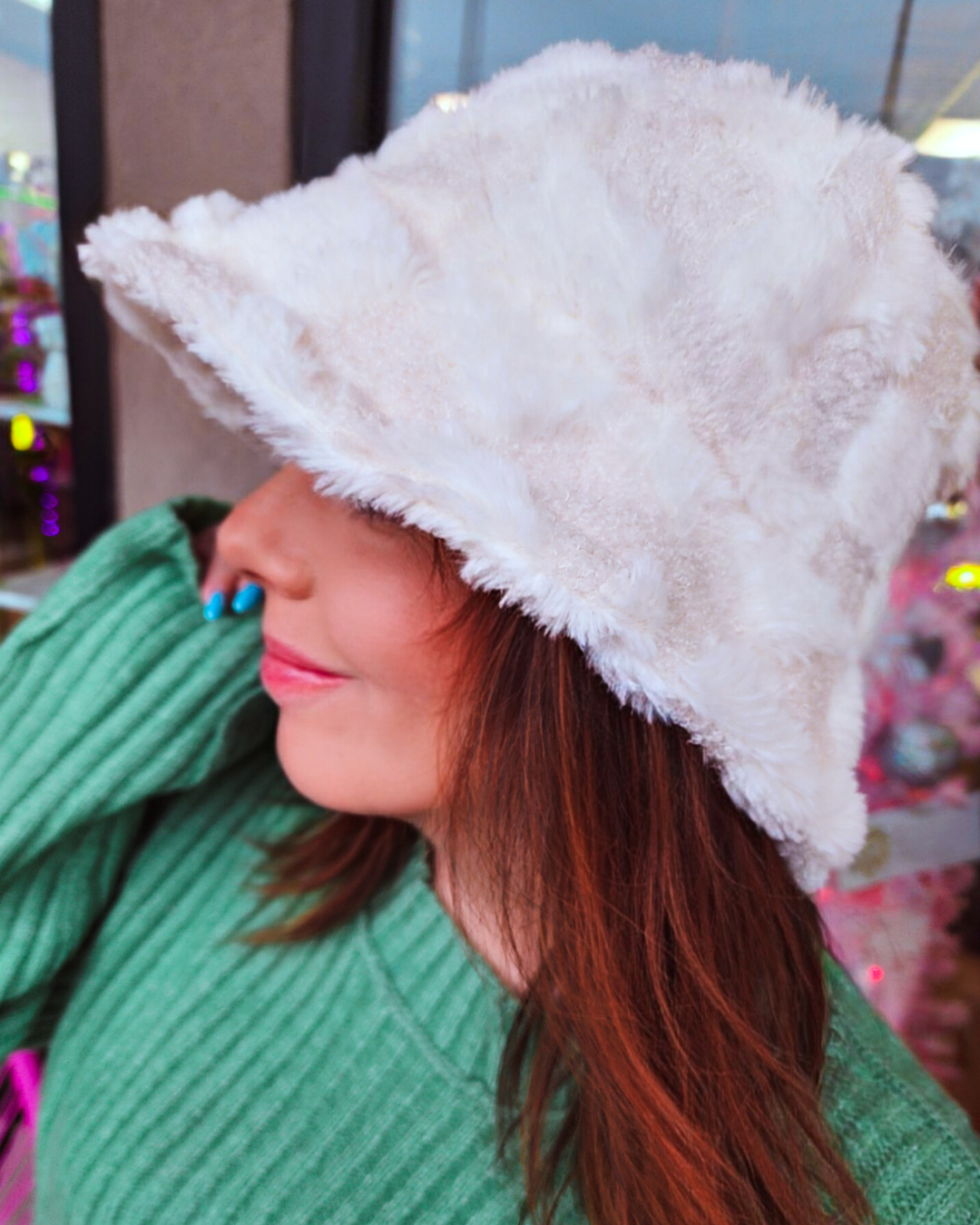 Fuzzy White Checkered Bucket Hat