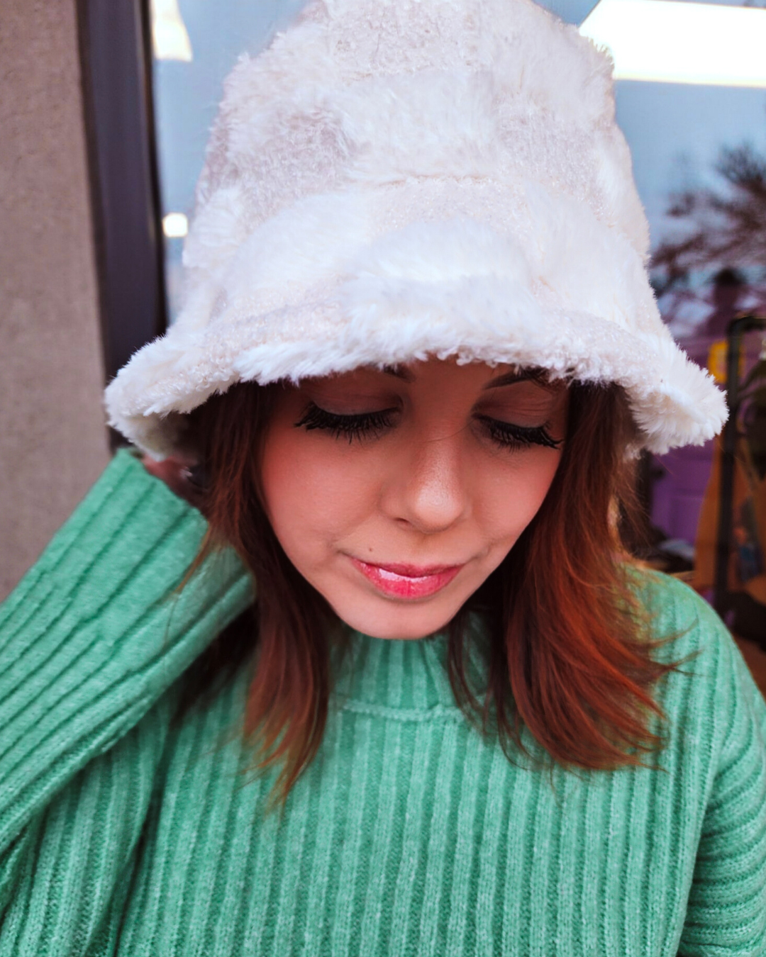 Fuzzy White Checkered Bucket Hat