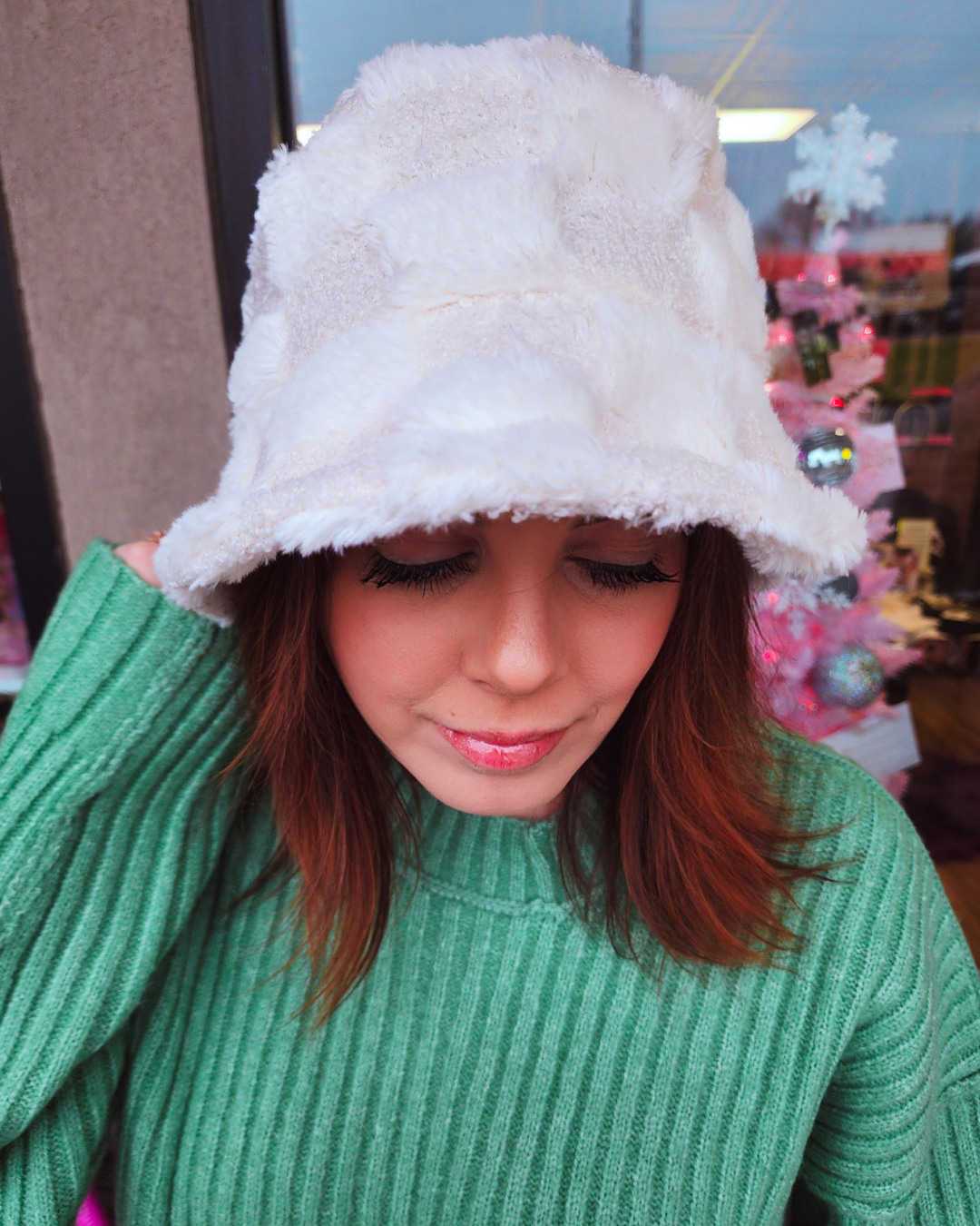 Fuzzy White Checkered Bucket Hat