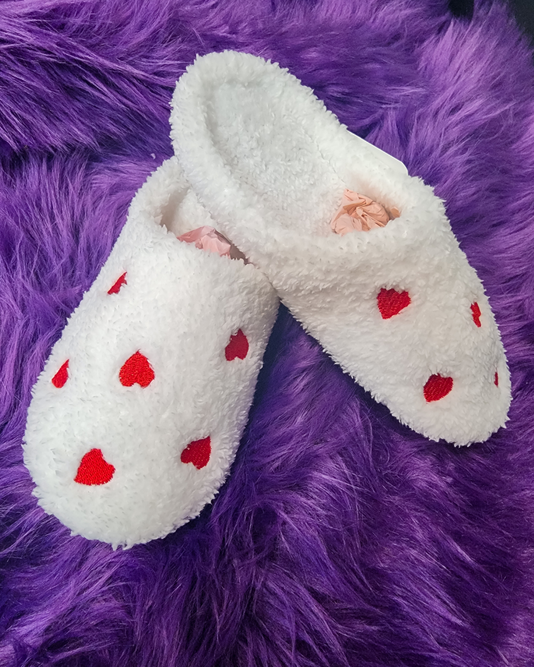Fuzzy White Heart Slippers