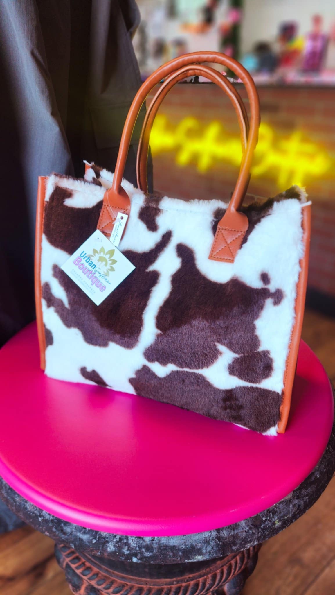 Fuzzy Brown Cow Print Handbag