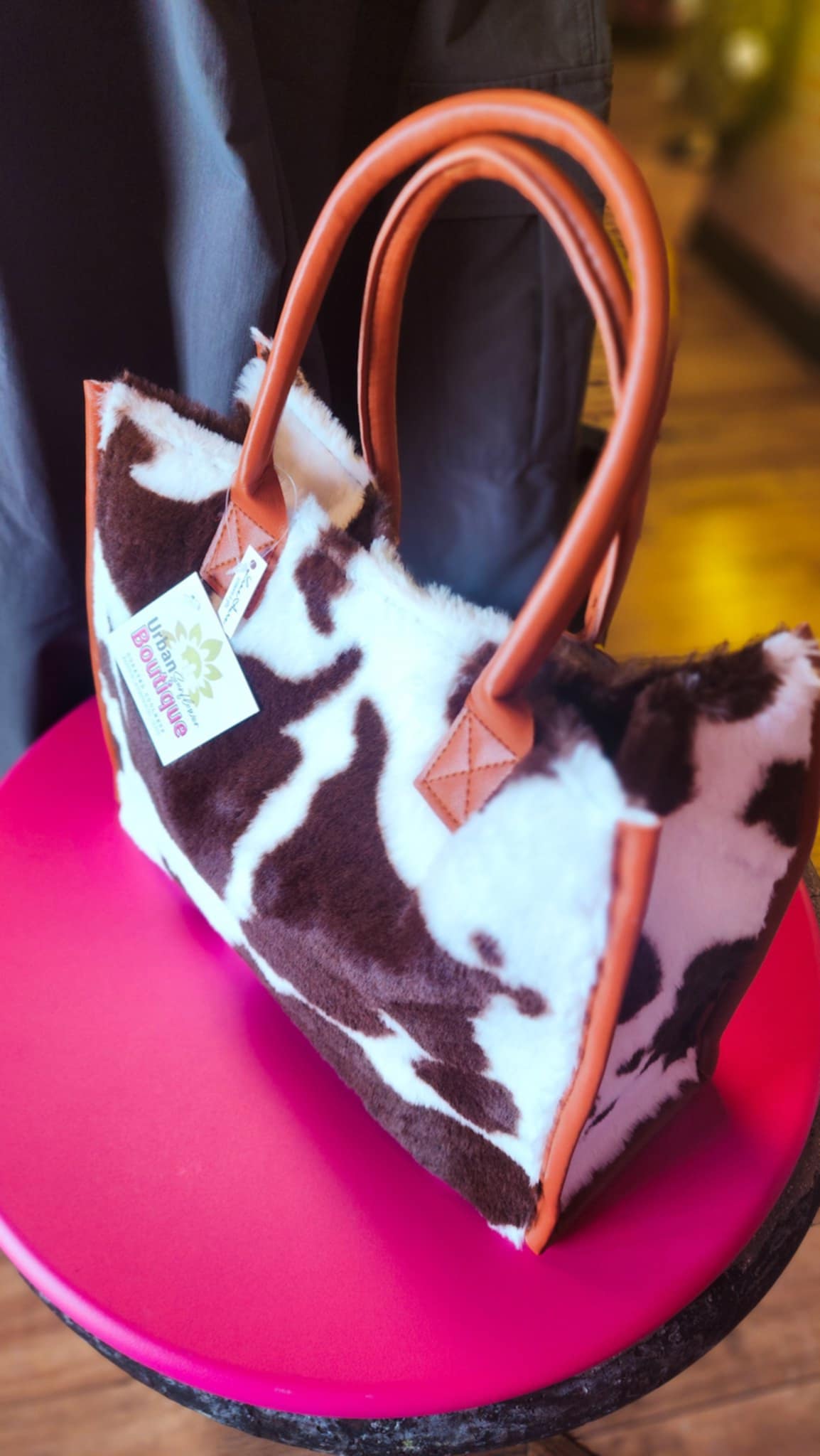 Fuzzy Brown Cow Print Handbag