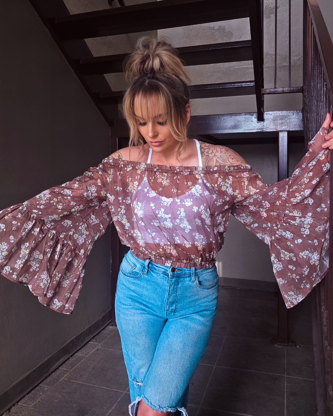 Mocha Bloom Sheer Off Shoulder Top