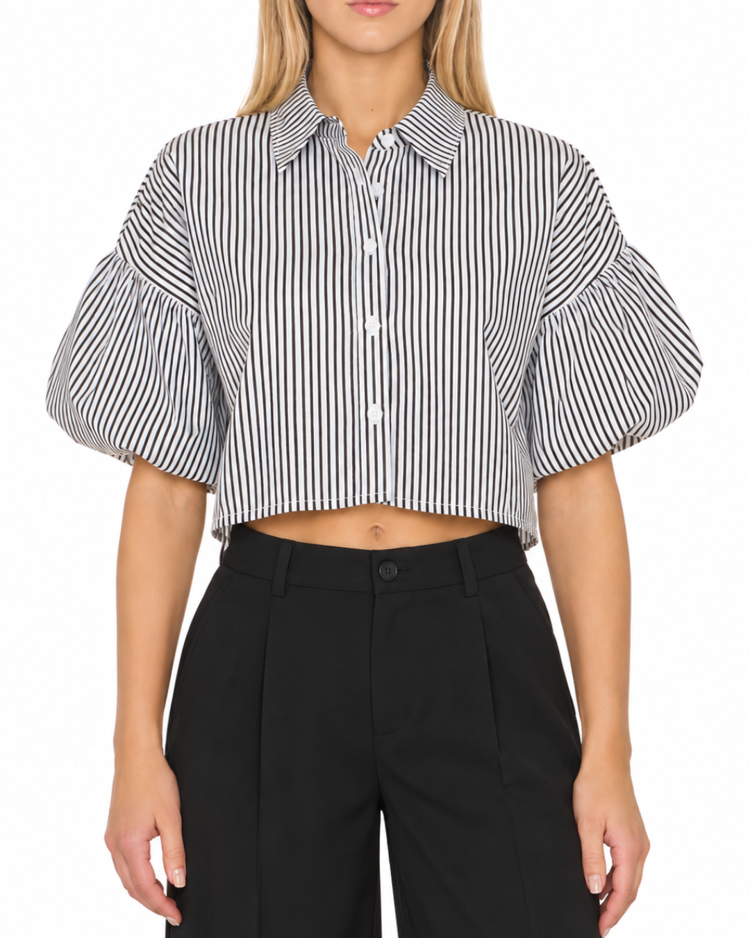 All Lined Up Striped Bubble Sleeve Top