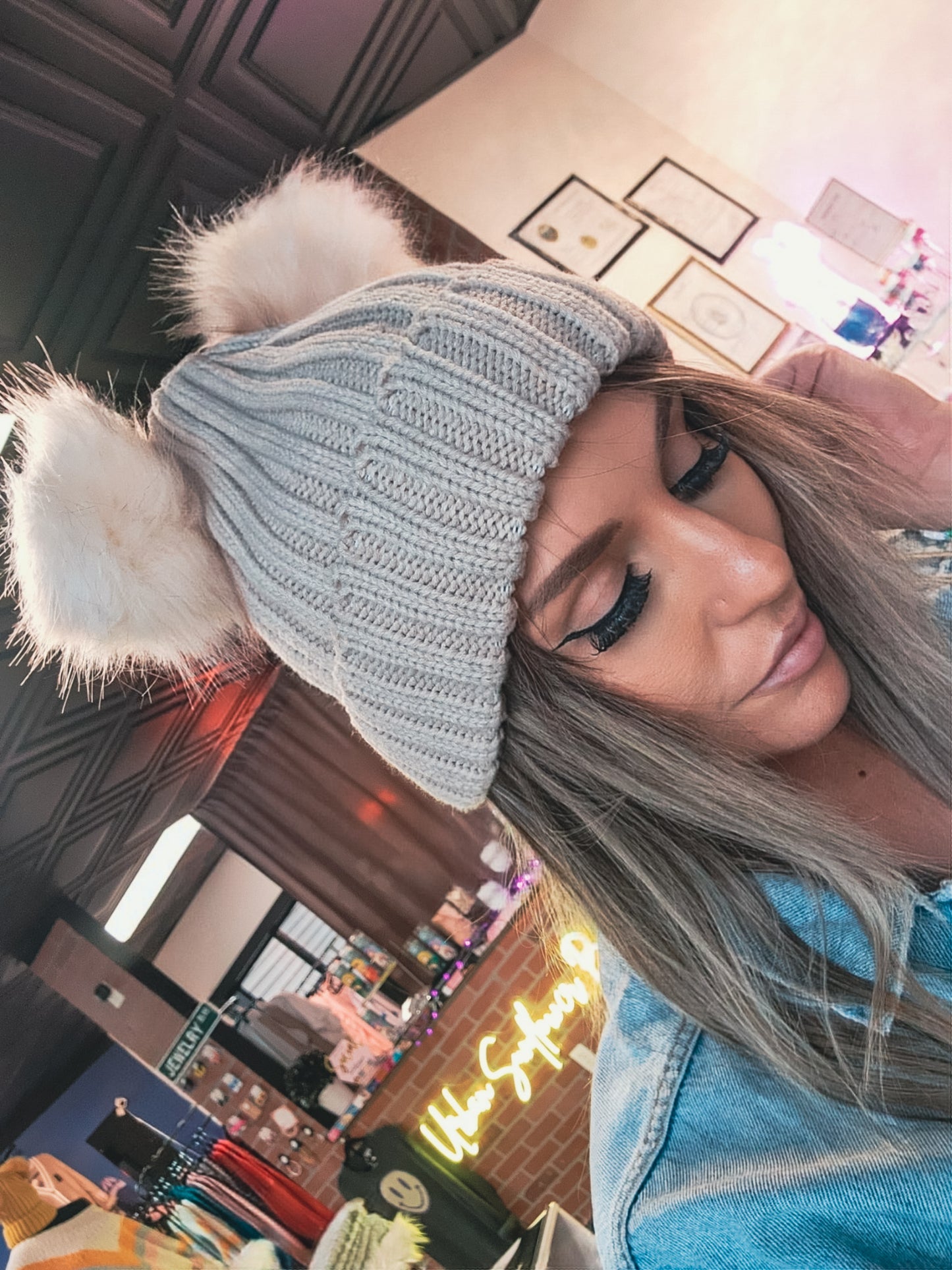 So What Beige Double PomPom Beanie