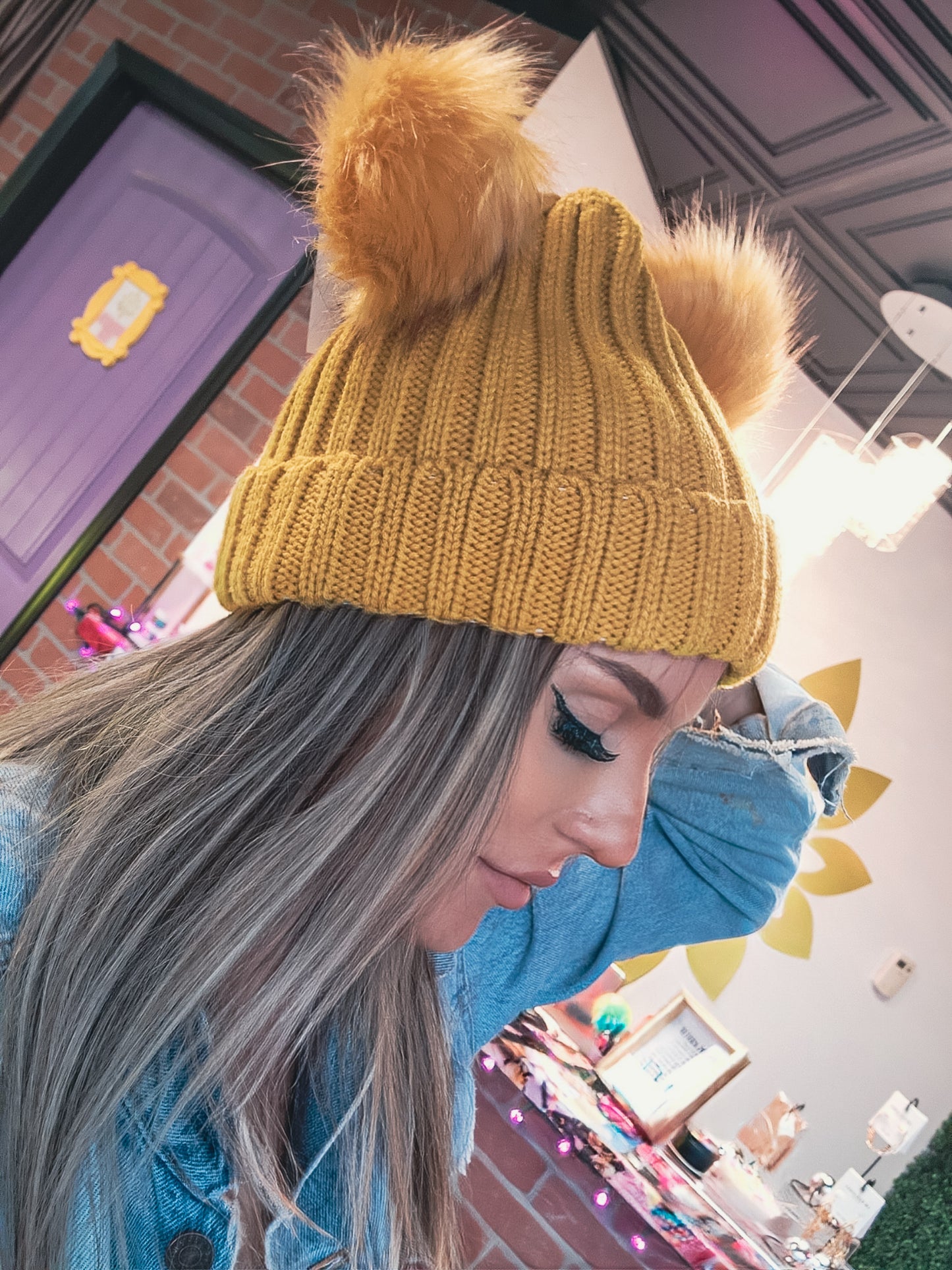 So What Mustard Double PomPom Beanie