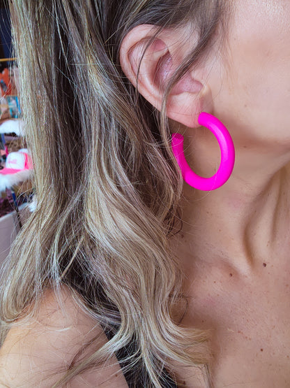 Hot Pink Wood Hoop Earrings