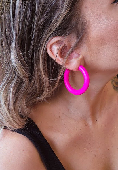 Hot Pink Wood Hoop Earrings