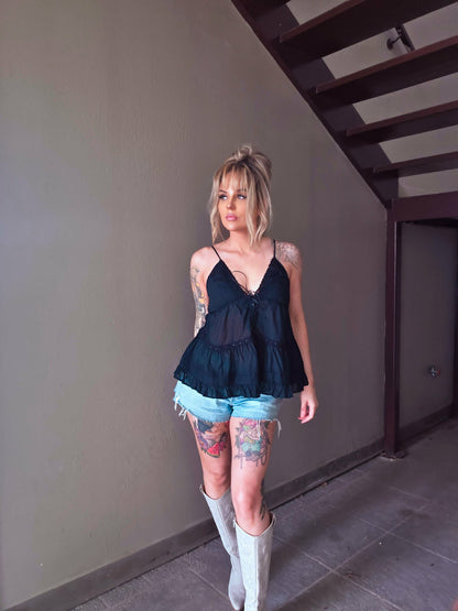Cityscape Lace Trim Ruffle Top