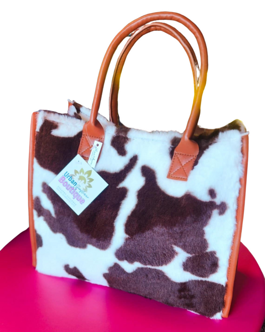 Fuzzy Brown Cow Print Handbag