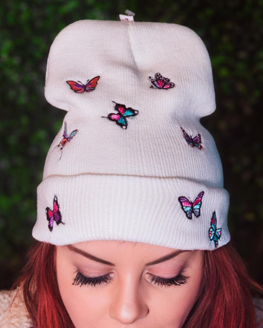 White Embroidered Butterfly Beanie