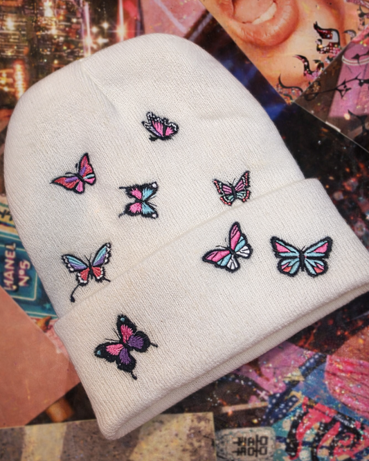 White Embroidered Butterfly Beanie