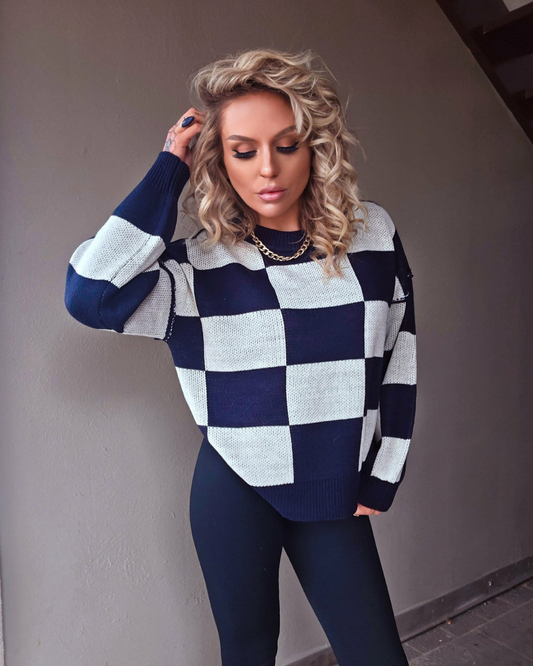 Checkered Crewneck Knit Sweater