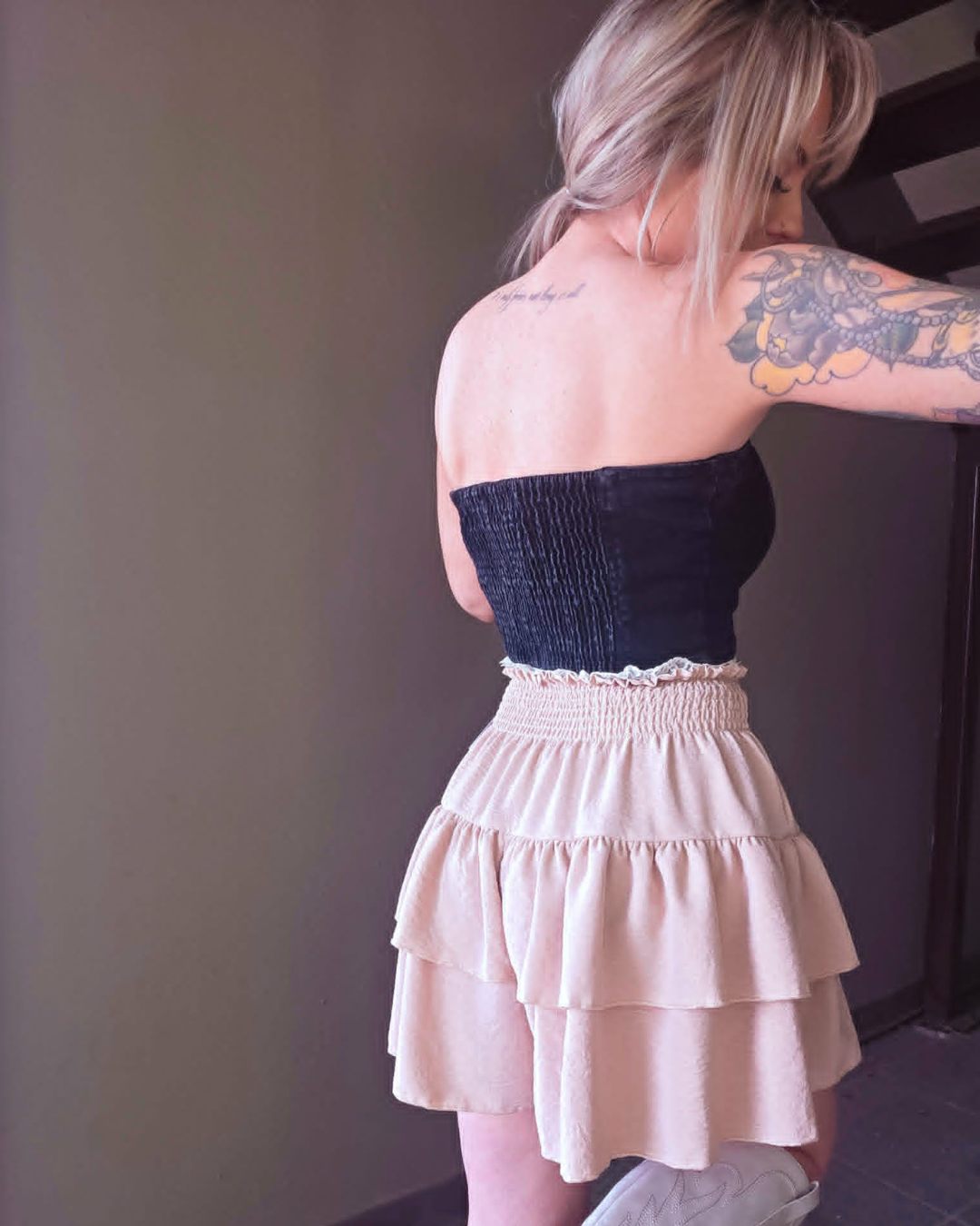 Tan Tiered Ruffle Skort