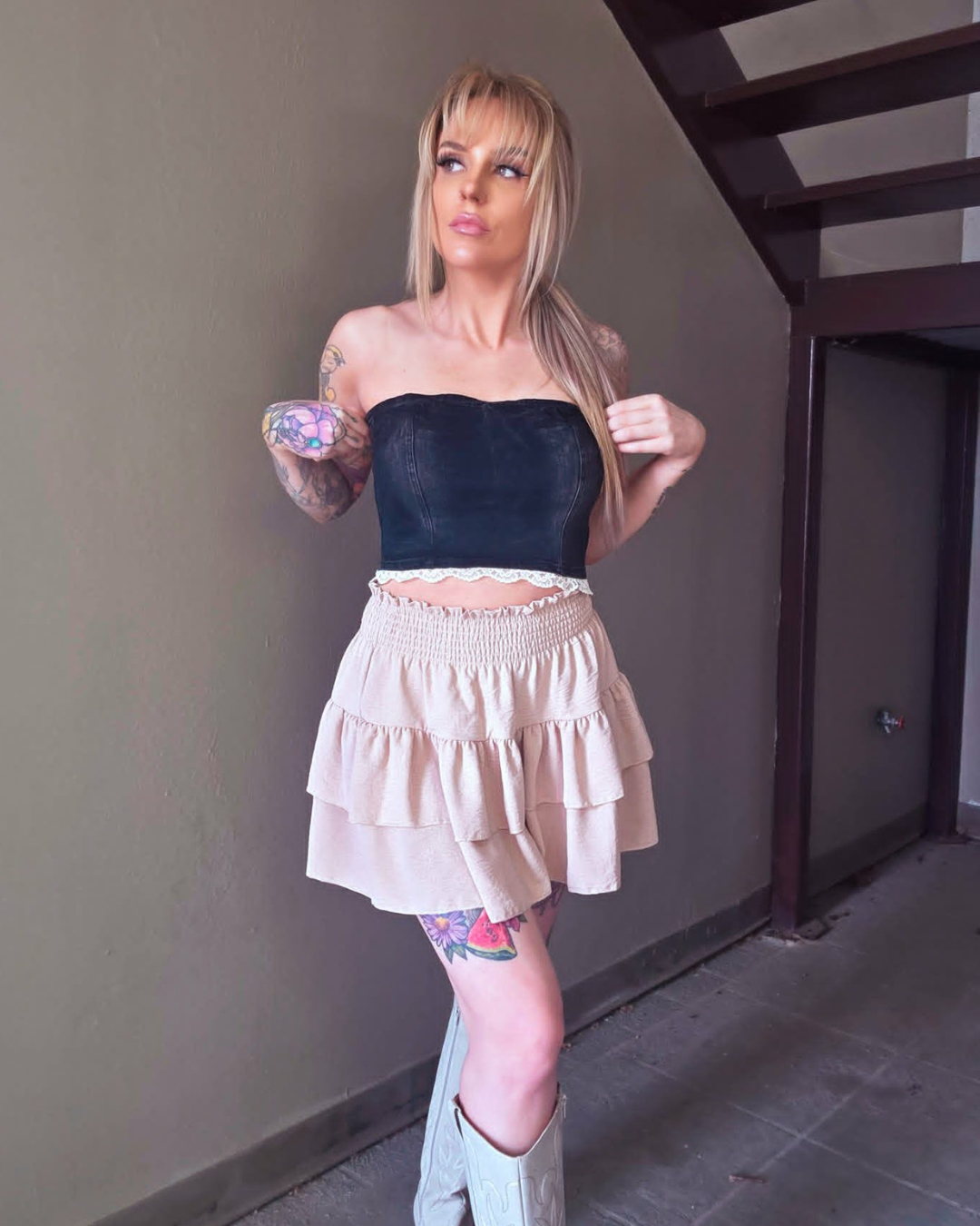 Tan Tiered Ruffle Skort