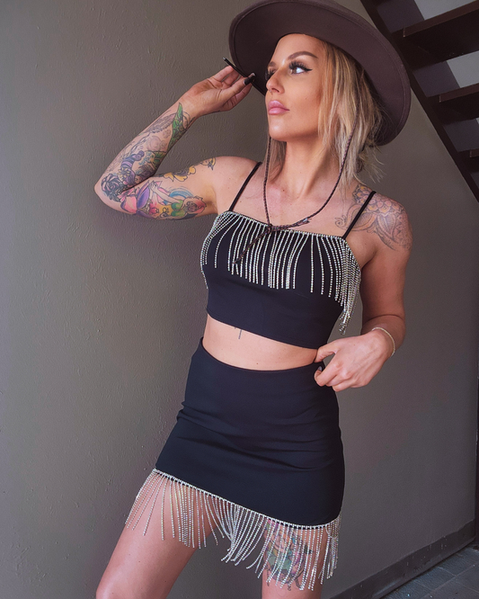 Diamond Dust Rhinestone Fringe Skirt