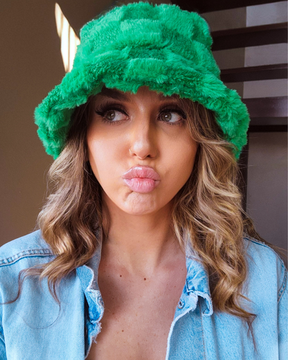 Fuzzy Green Checkered Bucket Hat