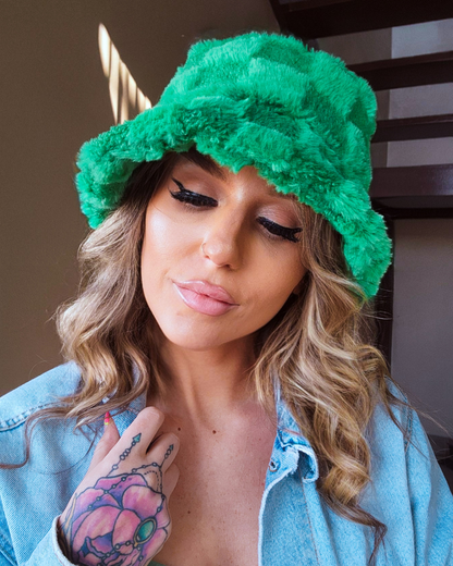 Fuzzy Green Checkered Bucket Hat
