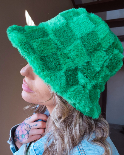 Fuzzy Green Checkered Bucket Hat