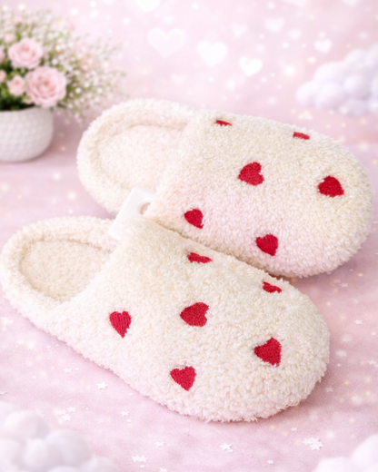 Fuzzy White Heart Slippers