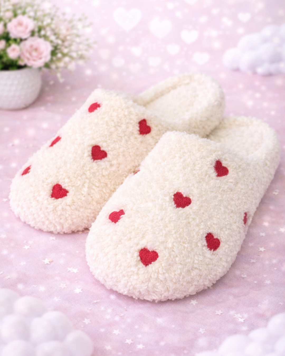 Fuzzy White Heart Slippers